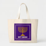 HANUKKAH Star David Menorah Personalised Purple Large Tote Bag<br><div class="desc">Stylish tote bag with gold coloured menorah and silver coloured Star of David on a royal rich PURPLE background. The greeting HAPPY HANUKKAH is customisable so you can add your name or change the greeting. Other matching items are available in the HANUKKAH Collection by Berean Designs, so you can create...</div>