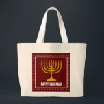 HANUKKAH Star David Menorah Personalised WINE RED Large Tote Bag<br><div class="desc">Stylish tote bag with gold coloured menorah and silver coloured Star of David on a BURGUNDY WINE RED background. The greeting HAPPY HANUKKAH is customisable so you can add your name or change the greeting. Other matching items are available in the HANUKKAH Collection by Berean Designs, so you can create...</div>