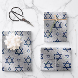 Hanukkah Star of David Blue Silver Metallic Look Wrapping Paper Sheet