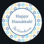 Hanukkah Star of David Classic Round Sticker<br><div class="desc">These fabulous gift tags would look great on all your Hanukkah gifts.  They are so modern yet classic with their blue,  turquoise and yellow Stars of David.  And,  they are customisable with your family name.</div>