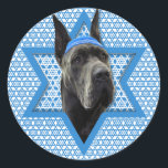 Hanukkah Star of David - Great Dane - Grey Classic Round Sticker<br><div class="desc">What could make saying Happy Hanukkah more fun than having this Grey Great Dane Dog wearing a Yamaka surrounded by the Star of David. This whimsical holiday design will be sure to delight your friends and family as well as other dog lovers. This design is available in over 100 Dog...</div>