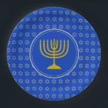 HANUKKAH Star of David Menorah Israeli Blue Silver Paper Plate<br><div class="desc">Celebrate your faith loud and proud during the HANUKKAH season with this stylish mid blue (of Israeli flag) and silver grey party plate. The design shows a gold coloured menorah at the centre, set against a silver grey Star of David pattern with mid blue background.This plate is suitable for any...</div>