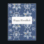 Hanukkah Starflake Card<br><div class="desc">This design shows a pattern made from snowflakes in the shape of Stars of David. The larger ones include Hanukkah motifs like dreidels, Hanukkah lamps, and candles. The snowflake designs integrate Hanukkah motifs into six-pointed snowflake shapes, set against the nighttime sky with smaller snowflakes and falling snow. The pattern represents...</div>