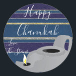 Hanukkah Stickers (1 1/2"/3")"Oil Lamp Gold/Silver<br><div class="desc">Hanukkah/Holiday stickers, personalise. "Oil Lamp Gold/Silver" Choose from 1 1/2" and 3" stickers. Personalise by deleting and replacing text with your own message. Choose your favourite font size, style, and colour. Thanks for stopping and shopping by! Your business is very much appreciated! Happy Hanukkah! Shape: Classic Round Sticker Make your...</div>