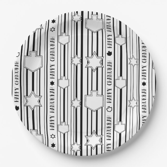 Hanukkah Stripes, Stars, and Dreidels Paper Plate (Front)