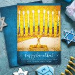 Hanukkah Stylish Yellow Gold Menorah on Teal Flat Holiday Card<br><div class="desc">“Happy Hanukkah”. A close-up photo illustration of a bright, colorful, yellow gold artsy menorah on a textured teal blue background helps you usher in the holiday of Hanukkah. Feel the warmth and joy of the holiday season whenever you send this stunning, colorful Hanukkah flat greeting card. Matching envelopes, stickers, tote...</div>