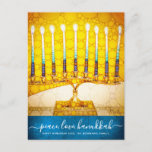 Hanukkah Stylish Yellow Gold Menorah Script Teal Holiday Postcard<br><div class="desc">“Peace, Love, Hanukkah”. A close-up photo illustration of a bright, colorful, yellow gold artsy menorah on a textured teal blue background helps you usher in the holiday of Hanukkah. Feel the warmth and joy of the holiday season whenever you send this stunning, colorful Hanukkah greeting postcard. Matching envelopes, stickers, tote...</div>