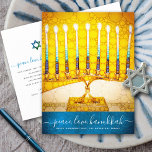 Hanukkah Stylish Yellow Gold Menorah Script Teal Holiday Postcard<br><div class="desc">“Peace, Love, Hanukkah”. A close-up photo illustration of a bright, colorful, yellow gold artsy menorah on a textured teal blue background helps you usher in the holiday of Hanukkah. Feel the warmth and joy of the holiday season whenever you send this stunning, colorful Hanukkah greeting postcard. Matching envelopes, stickers, tote...</div>