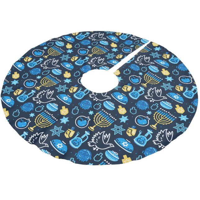 Hanukkah Symbols Blue Pattern Brushed Polyester Tree Skirt (Angled)