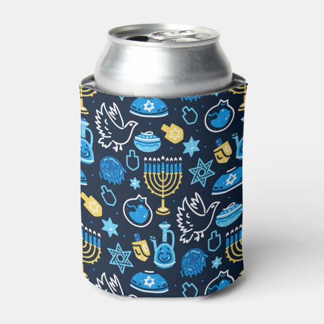 Hanukkah Symbols Blue Pattern Can Cooler (Can Front)