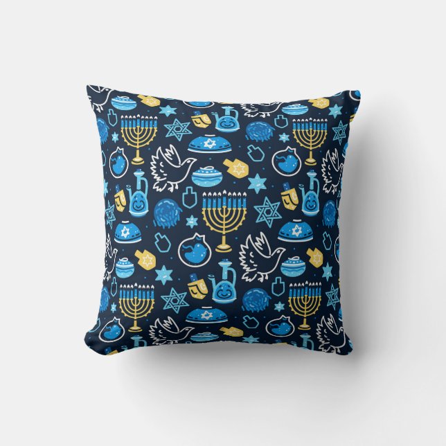 Hanukkah Symbols Blue Pattern Cushion (Front)