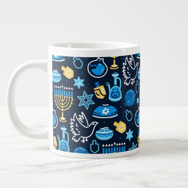 Hanukkah Symbols Blue Pattern Large Coffee Mug (Left)
