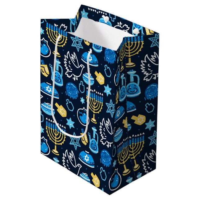 Hanukkah Symbols Blue Pattern Medium Gift Bag (Front Angled)