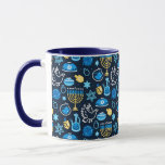 Hanukkah Symbols Blue Pattern Mug<br><div class="desc">Celebrate the Festival of Lights with this Hanukkah-themed pattern. Featuring traditional symbols like menorahs,  dreidels,  doves,  and Stars of David,  all in vibrant blue,  gold,  and white hues,  this design is perfect for festive products. Ideal for Hanukkah wrapping paper,  greeting cards,  and other holiday decor.</div>