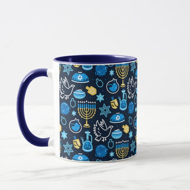 Hanukkah Symbols Blue Pattern Mug (Left)