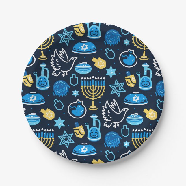 Hanukkah Symbols Blue Pattern Paper Plate (Front)