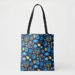 Hanukkah Symbols Blue Pattern Tote Bag<br><div class="desc">Celebrate the Festival of Lights with this Hanukkah-themed pattern. Featuring traditional symbols like menorahs,  dreidels,  doves,  and Stars of David,  all in vibrant blue,  gold,  and white hues,  this design is perfect for festive products. Ideal for Hanukkah wrapping paper,  greeting cards,  and other holiday decor.</div>