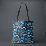 Hanukkah Symbols Blue Pattern Tote Bag<br><div class="desc">Celebrate the Festival of Lights with this Hanukkah-themed pattern. Featuring traditional symbols like menorahs,  dreidels,  doves,  and Stars of David,  all in vibrant blue,  gold,  and white hues,  this design is perfect for festive products. Ideal for Hanukkah wrapping paper,  greeting cards,  and other holiday decor.</div>