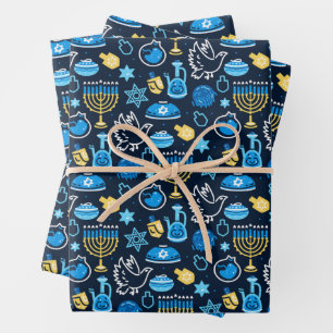 Hanukkah Symbols Blue Pattern Wrapping Paper Sheet