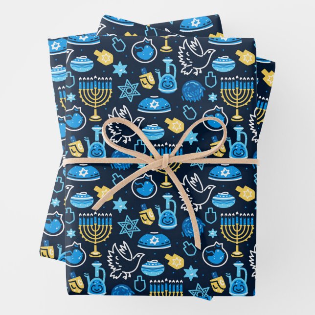 Hanukkah Symbols Blue Pattern Wrapping Paper Sheet (In situ)