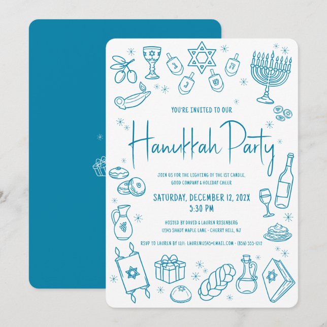 Hanukkah Teal Hand Drawn Doodles Whimsical Party Invitation (Front/Back)
