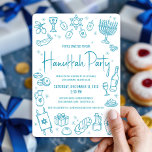 Hanukkah Teal Hand Drawn Doodles Whimsical Party Invitation<br><div class="desc">“Happy Hanukkah.” This year, it’s time to get together with your family and friends to celebrate Hanukkah and usher in the festival of lights. Fun, whimsical turquoise teal blue handwritten sophisticated typography and hand drawn whimsical Hanukkah icon doodle illustrations overlay a white background. Additional white hand drawn doodles on turquoise...</div>