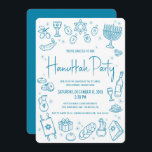 Hanukkah Teal Hand Drawn Doodles Whimsical Playful Invitation<br><div class="desc">“Happy Hanukkah.” This year, it’s time to get together with your family and friends to celebrate Hanukkah and usher in the festival of lights. Fun, whimsical turquoise teal blue handwritten sophisticated typography and hand drawn whimsical Hanukkah icon doodle illustrations overlay a white background. Additional white hand drawn doodles on turquoise...</div>