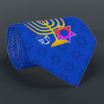 HANUKKAH TIE<br><div class="desc">Elegant, stylish mid blue HANUKKAH Neck Tie, designed with faux gold menorah, colourful Star of David and silver coloured dreidel plus OPTIONAL MONOGRAM (appears underneath in faux gold serif font). There is a subtle tiled pattern of the Star of David in the background. Available in midnight blue with monogram.</div>