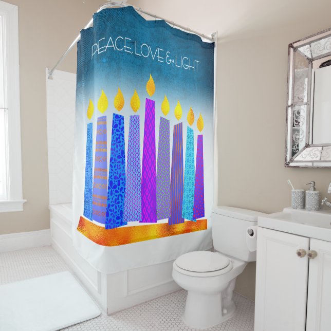 Hanukkah Turquoise Candles Boho Peace Love Light Shower Curtain (In Situ)