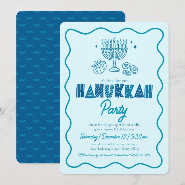 Hanukkah Turquoise Fun Typography Playful Doodles Invitation (Front/Back)