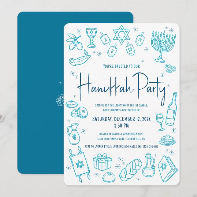 Hanukkah Turquoise Hand Drawn Doodle Playful Party Invitation (Front/Back)