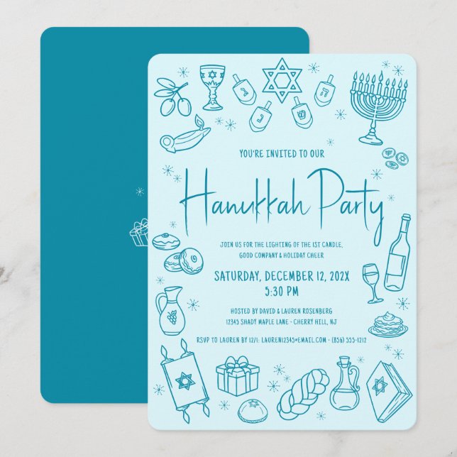 Hanukkah Turquoise Hand Drawn Doodles Whimsical Invitation (Front/Back)