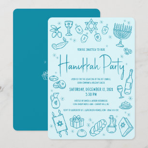 Hanukkah Turquoise Hand Drawn Fun Whimsical Party Invitation