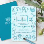 Hanukkah Turquoise Hand Drawn Fun Whimsical Party Invitation<br><div class="desc">Happy Hanukkah.” This year, it’s time to get together with your family and friends to celebrate Hanukkah and usher in the festival of lights. Fun, whimsical turquoise blue handwritten sophisticated typography and hand drawn whimsical Hanukkah icon doodle illustrations overlay a pale turquoise blue background. Additional white hand drawn doodles on...</div>