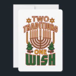 Hanukkah Two Traditions One Wish Christmukkah Holiday Card<br><div class="desc">Hanukkah best wishes with this cool and cute Two Traditions One Wish card featuring the Star of David,  Christmas trees and a menorah. Customise the message on the back by clicking on the "Personalise" link above</div>