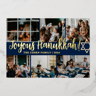 Hanukkah Typography Blue family photo Collage  Foil Holiday Card