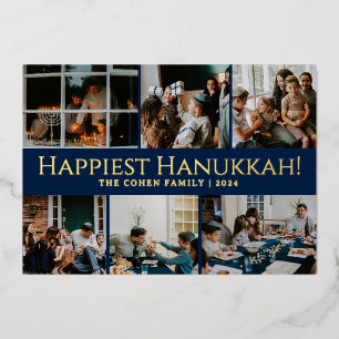 Hanukkah Typography Blue family photo Collage Foil Holiday Card