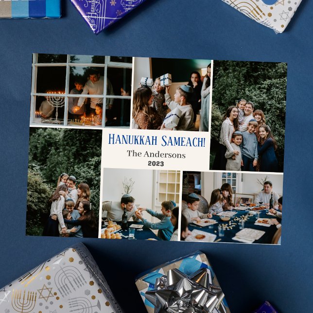 Hanukkah Typography Blue family photo Collage  Holiday Card (Creator Uploaded)