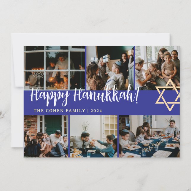 Hanukkah Typography Blue family photo Collage  Holiday Card (Front)