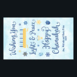 Hanukkah Whimsical Light and Peace Rectangular Sticker<br><div class="desc">A Jewish Hanukkah theme card with a menorah, Star of David and Driedel. The text reads Wishing You Light & Peace Happy Hanukkah. The background is a light blue watercolor wash. Customise this label with a short message, two lines are provided for personalisation. These labels are nice for packaging gifts....</div>