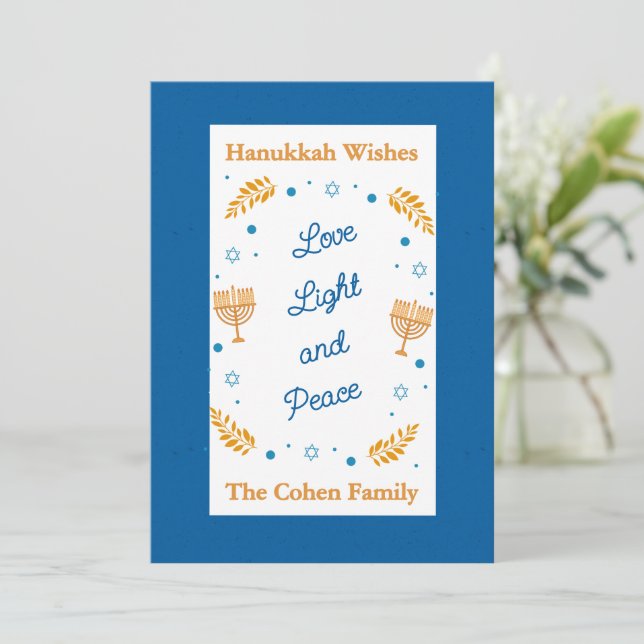 Hanukkah Wishes – Love Light and Peace Family  Holiday Card (Standing Front)