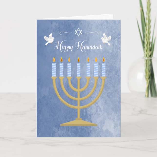 Hanukkah with Menorah and White Doves Holiday Card (Front)