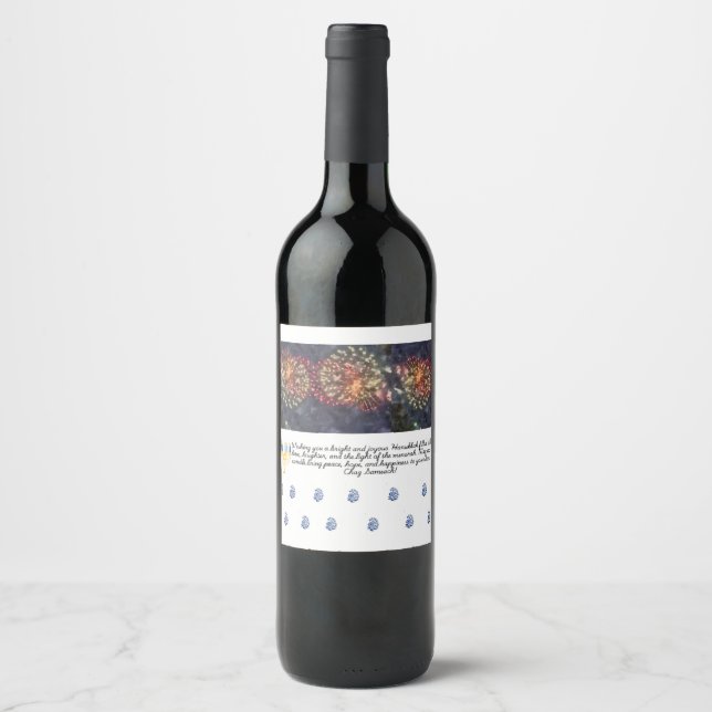 Hanukkah with menorah , blue , minimal wine label (Front)