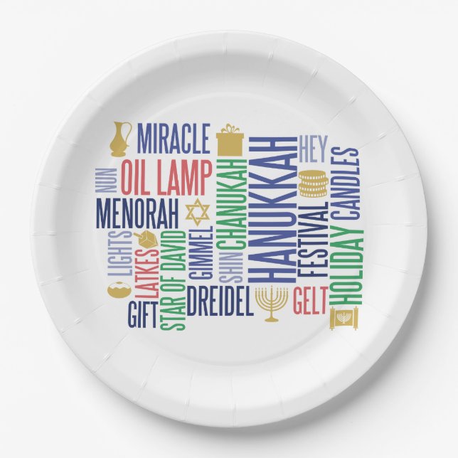 Hanukkah Words Holiday Paper Plates (Front)