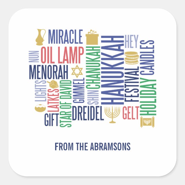 Hanukkah Words Holiday Square Stickers (Front)