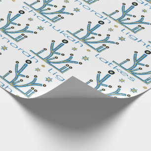 Hanukkah Wrapping Paper "Blue Bling Menorahs"