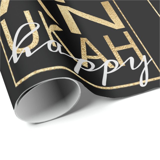 Hanukkah Wrapping Paper Chanukah Happy Gold, Black (Roll Corner)