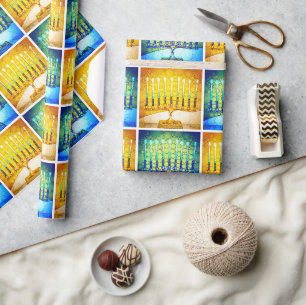 Hanukkah Yellow Blue Menorahs Pattern Modern Chic Wrapping Paper