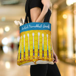 Hanukkah Yellow Gold Menorah Modern Custom Name Tote Bag<br><div class="desc">A close-up photo of a bright, colourful, yellow gold artsy menorah photo helps you usher in the holiday of Hanukkah in style. Feel the warmth and joy of the holiday season whenever you use this stunning, colourful Hanukkah personalised name tote bag. Matching cards, stickers, serving trays, and other products are...</div>