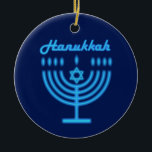Hanukkiah Happy Hanukkah Jewish Holiday Menorah Ceramic Tree Decoration<br><div class="desc">Hanukkiah Symbol. Happy Hanukkah Party Jewish Holiday Blue Menorah. Jewish Holiday Chanukkah Decoration with traditional Chanuka decorative symbol - Navy Blue colour hanukkiah menorah, candlestick with candles, star of David and neon blue glowing lights illustration. Hanukkah Festival of lights Event Decoration. Jerusalem, Israel. Home > Home Décor > Christmas Décor...</div>